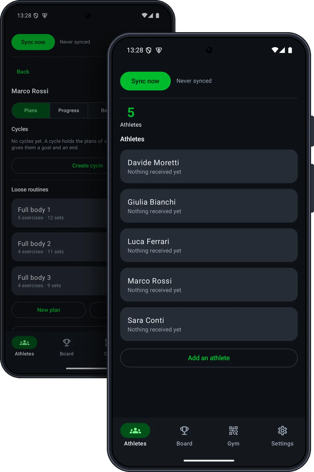The Trainer section of the GiFit app on two phones: the list of athletes and one athlete’s plans