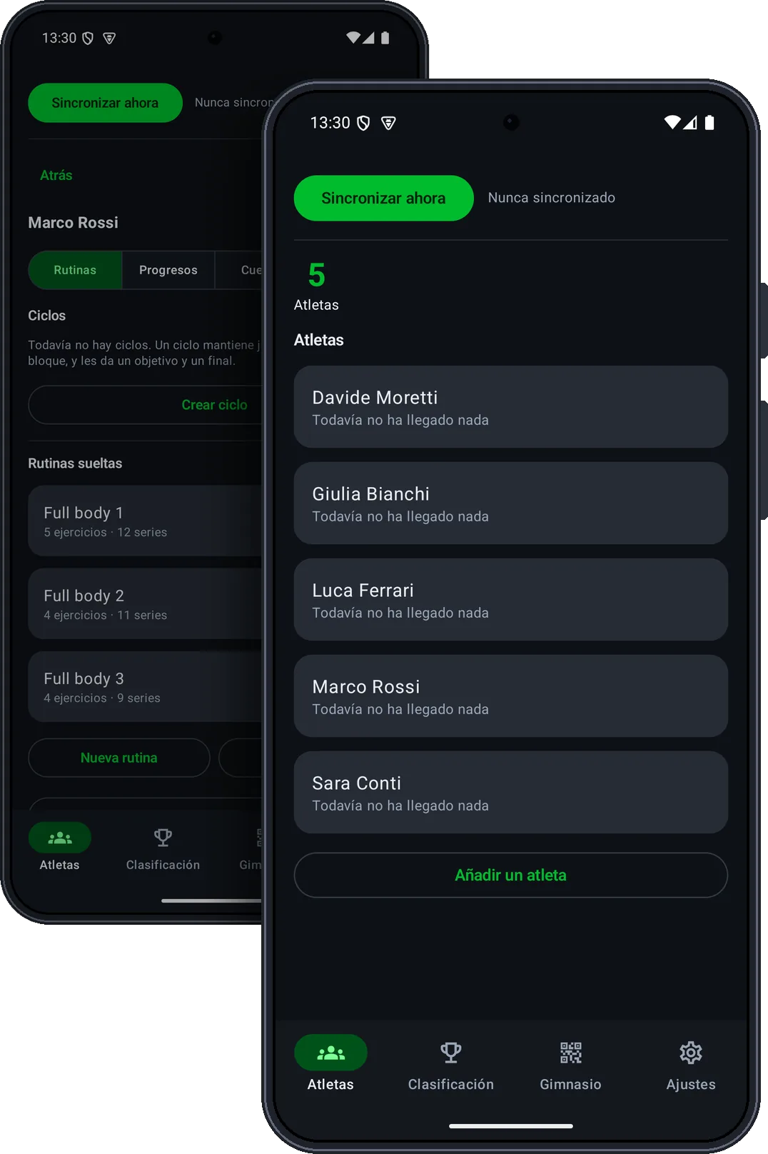 La sección Entrenador de la app GiFit en dos móviles: la lista de atletas y las rutinas de un atleta