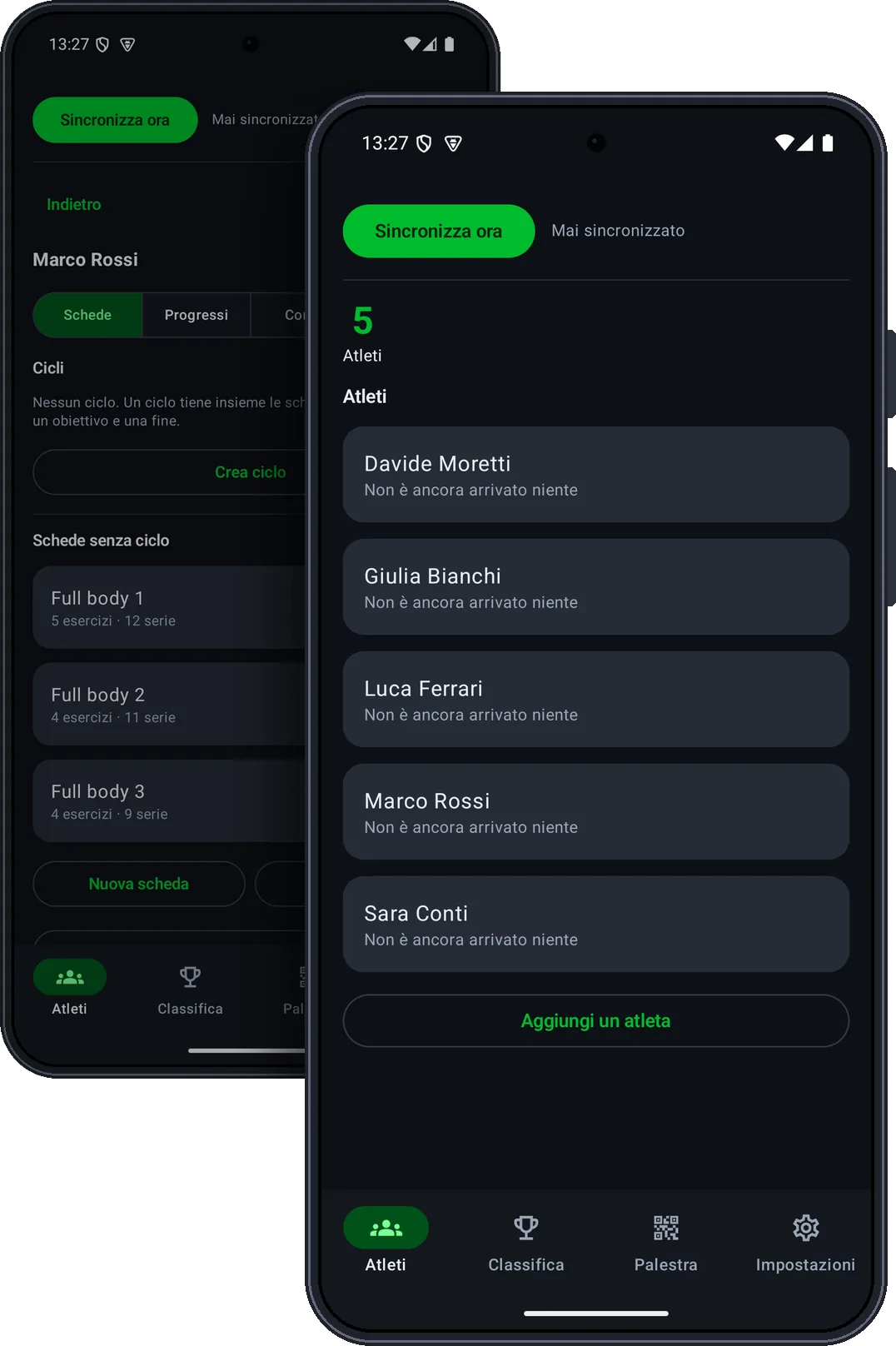 La sezione Allenatore dell'app GiFit su due telefoni: l'elenco degli atleti e le schede di un atleta