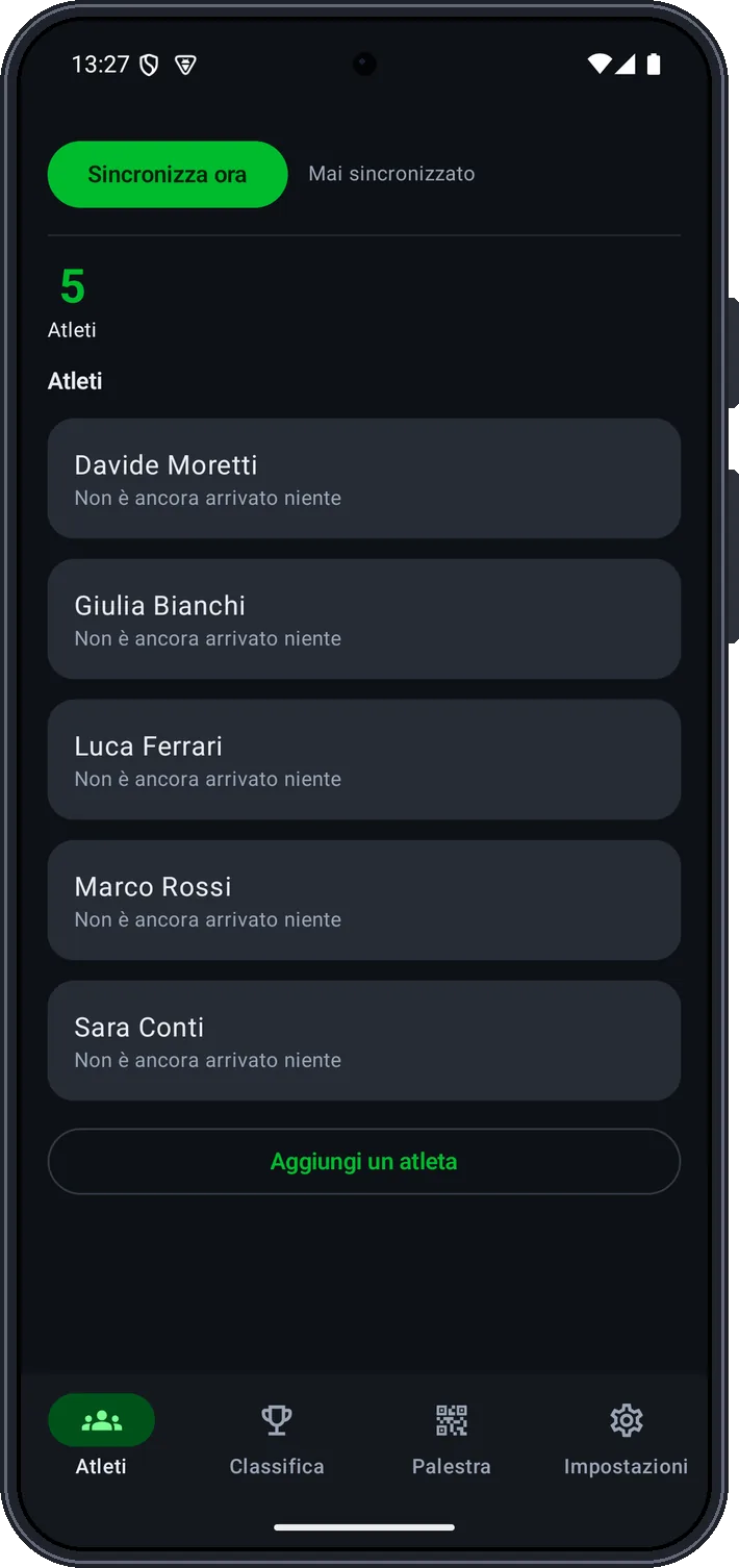 La pagina Atleti: cinque atleti e il pulsante Sincronizza ora