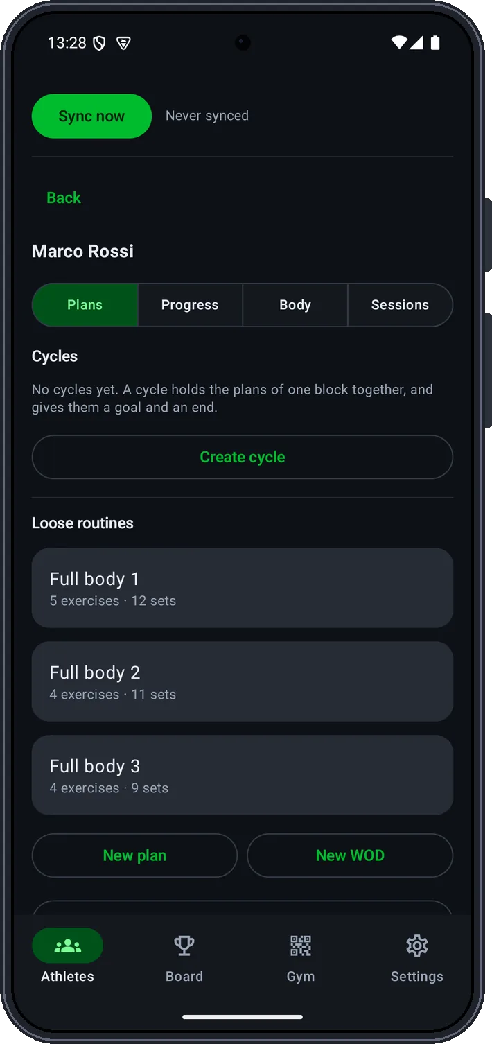 An athlete’s page: their plans and the New plan and New WOD buttons