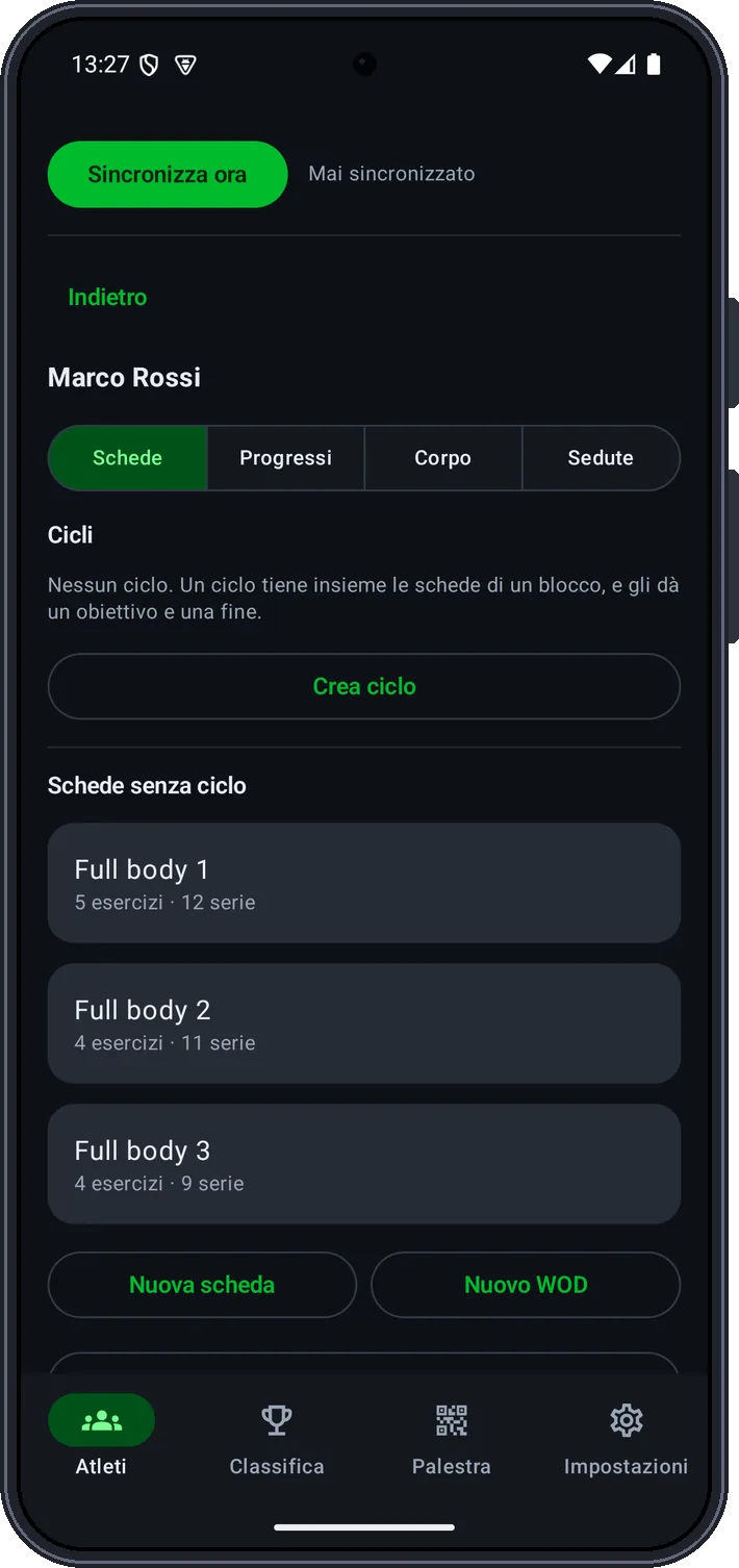 La pagina di un atleta: le sue schede e i pulsanti Nuova scheda e Nuovo WOD