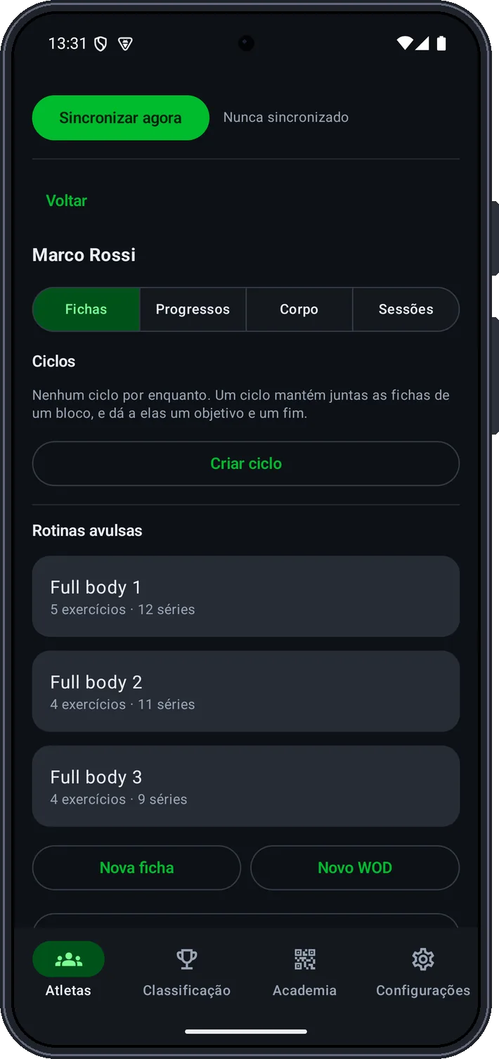 A página de um aluno: as fichas dele e os botões Nova ficha e Novo WOD