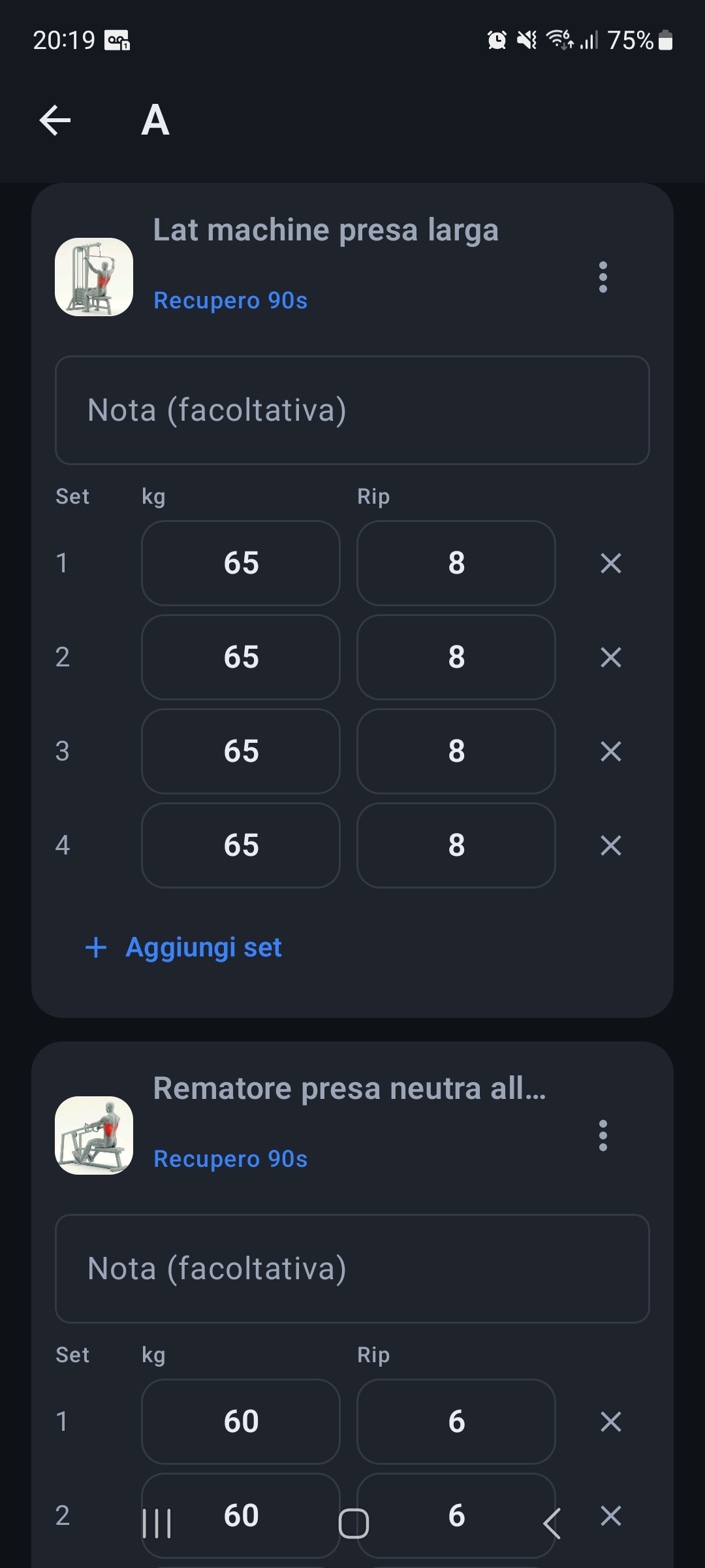 Sessione live con serie, kg e ripetizioni